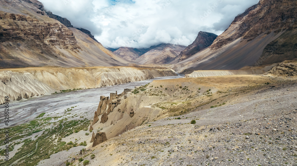beautiful mountain landscape viewpoint at Spiti Valley in Himachal Pradesh with river below