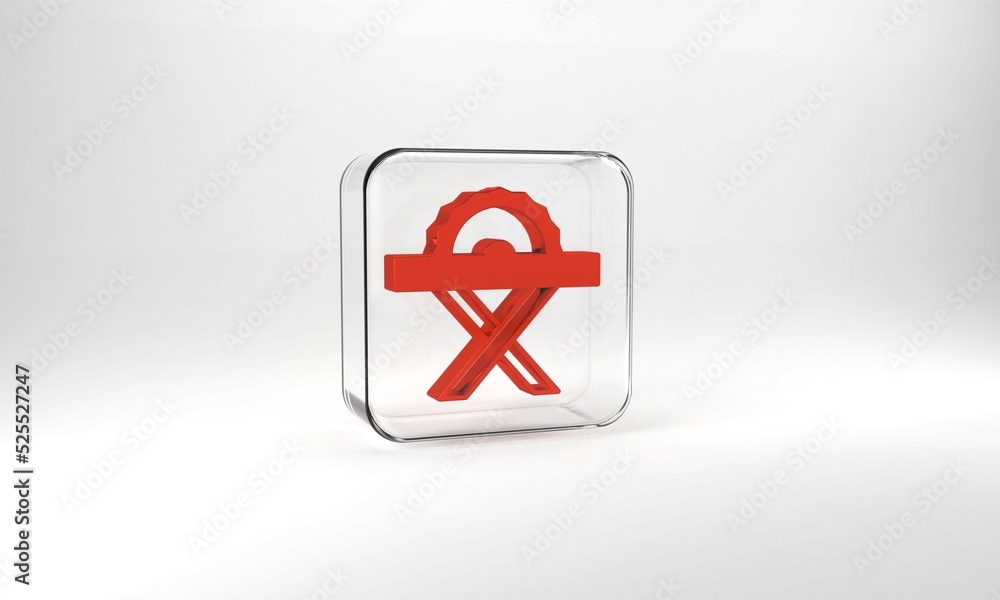 Red Electric circular saw with steel toothed disc icon isolated on grey background. Electric hand tool for cutting wood or metal. Glass square button. 3d illustration 3D render Red Electric circular saw with steel toothed disc icon isolated on grey background. Electric hand tool for cutting wood or metal. Glass square button. 3d illustration 3D render
