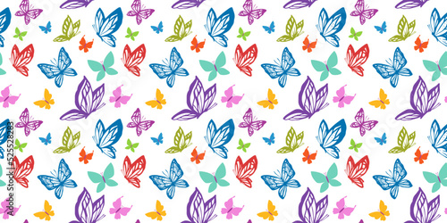 Colorful design of seamless pattern with line art butterfly for web, banner, print, textile, greeting card. Vector seamless pattern with beautiful butterfly