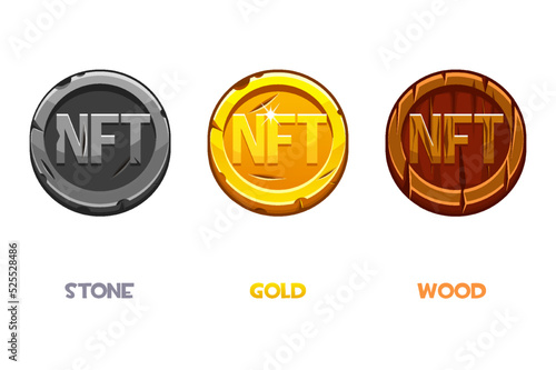 Vector NFT coins of different materials, golden, stone and wooden. Cryptocurrency, NFT-token Internet currency of the future