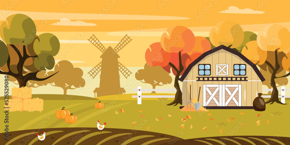 Naklejka premium Vector illustration of a beautiful autumn farm. Cartoon landscape with hay bales, chickens, mill, pumpkins, yellow trees, field, barn, fence.