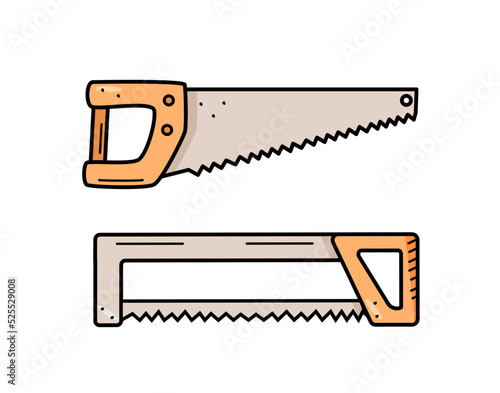Hand saw doodle cartoon style. Vector illustration of the working tool hacksaw isolated on white.