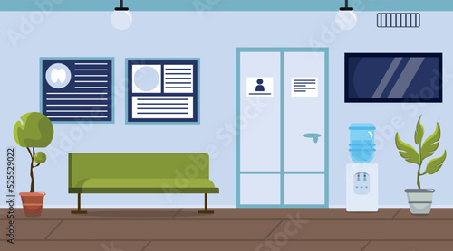 Vector illustration of modern interior waiting room to the doctor. Cartoon interior with bench, flowerpots, water, TV, information stands.