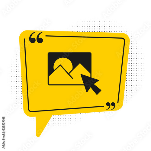 Black Photo retouching icon isolated on white background. Photographer, photography, retouch icon. Yellow speech bubble symbol. Vector