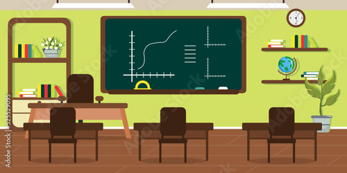 Vector illustration of modern interior school classroom. Cartoon interior with desks, chairs, flowerpots, blackboard, shelves, books, clocks, globe.