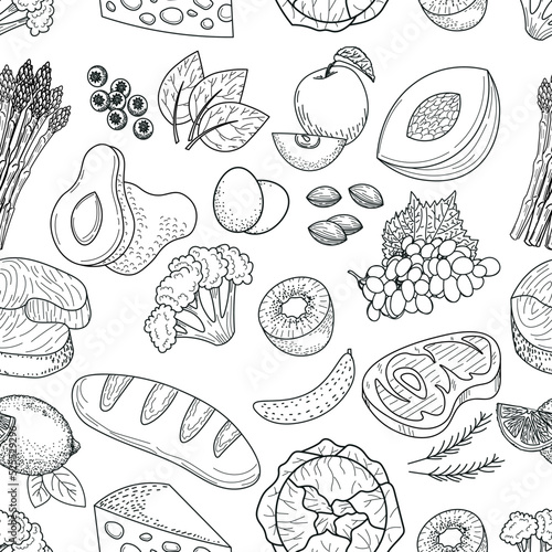 Hand drawn healthy food seamless pattern. Organic meal. 
