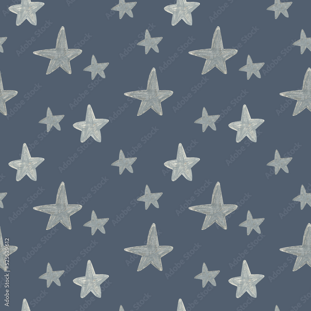 Hand drawn silver stars pattern on blue grey background. For fabric, sketchbook, wallpaper, wrapping paper. Hand drawn silver stars pattern on blue grey background. For fabric, sketchbook, wallpaper, wrapping paper.