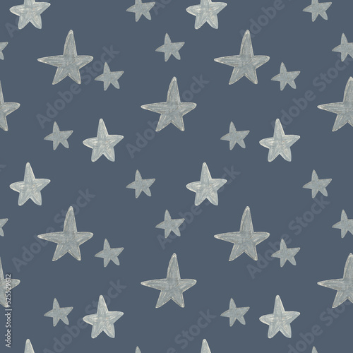 Hand drawn silver stars pattern on blue grey background. For fabric  sketchbook  wallpaper  wrapping paper.