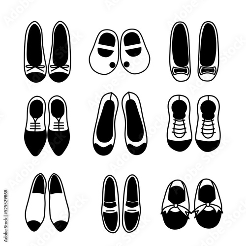 black and white design shoe icon set isolated on white background