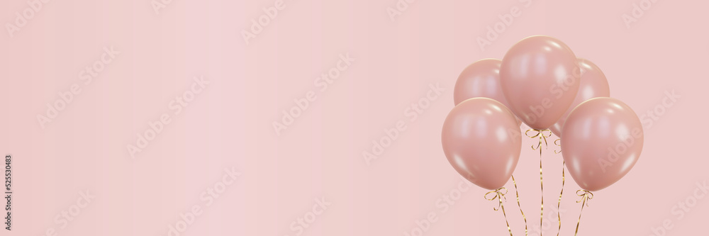 Pink balloons with gold ribbons. 3d rendering
