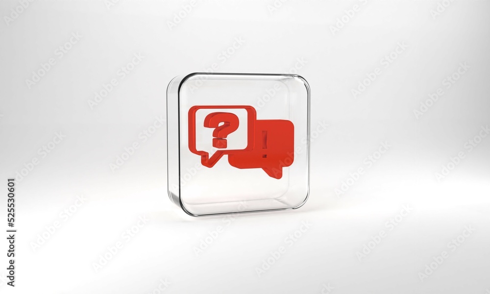 Red Speech bubbles with Question and Answer icon isolated on grey background. Q and A symbol. FAQ sign. Chat speech bubble and chart. Glass square button. 3d illustration 3D render Red Speech bubbles with Question and Answer icon isolated on grey background. Q and A symbol. FAQ sign. Chat speech bubble and chart. Glass square button. 3d illustration 3D render