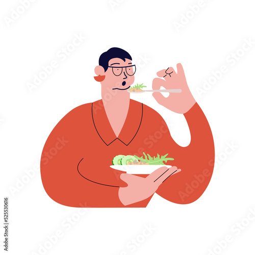 Woman eats healthy dishe. Female vegetarian isolated