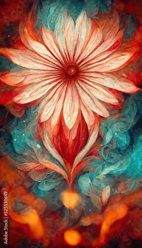 Ethereal surreal daisy flowers art in lovely pastel red and blue fusion colors, flowing fiery background bokeh blur. Unique and sublime blooming spring vibes.