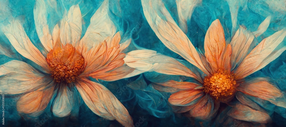 Ethereal surreal daisy flowers art in lovely pastel red and blue fusion colors, flowing fiery background bokeh blur. Unique and sublime blooming spring vibes. Ethereal surreal daisy flowers art in lovely pastel red and blue fusion colors, flowing fiery background bokeh blur. Unique and sublime blooming spring vibes.