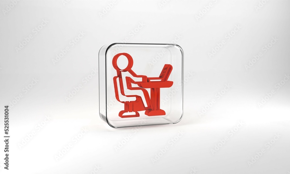 Red Freelancer icon isolated on grey background. Freelancer man working on laptop at his house. Online working, distant job concept. Glass square button. 3d illustration 3D render Red Freelancer icon isolated on grey background. Freelancer man working on laptop at his house. Online working, distant job concept. Glass square button. 3d illustration 3D render