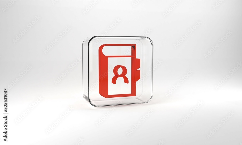 Red Phone book icon isolated on grey background. Address book. Telephone directory. Glass square button. 3d illustration 3D render Red Phone book icon isolated on grey background. Address book. Telephone directory. Glass square button. 3d illustration 3D render