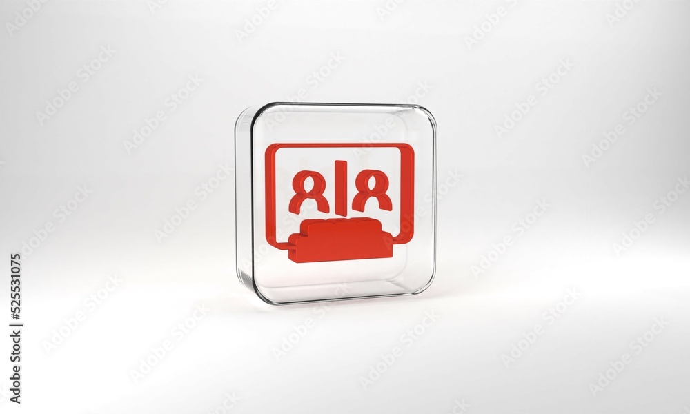 Red Video chat conference icon isolated on grey background. Online meeting work form home. Remote project management. Glass square button. 3d illustration 3D render