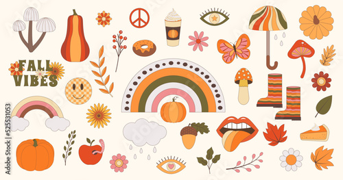 Set of autumn vibe retro groovy elements 70s-80s style. Daisy flowers, mushroom, peace sign, lips, rainbow, pumpkins, autumn leaves, hippie style elements. Fall vibes decorative vector flat symbols