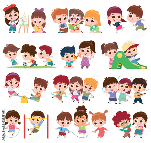 Children Playing and Learning Together. Fun and Friendship. Kids collection. Back to shool