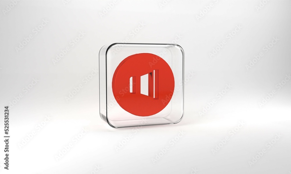 Red Speaker volume, audio voice sound symbol, media music icon isolated on grey background. Glass square button. 3d illustration 3D render Red Speaker volume, audio voice sound symbol, media music icon isolated on grey background. Glass square button. 3d illustration 3D render
