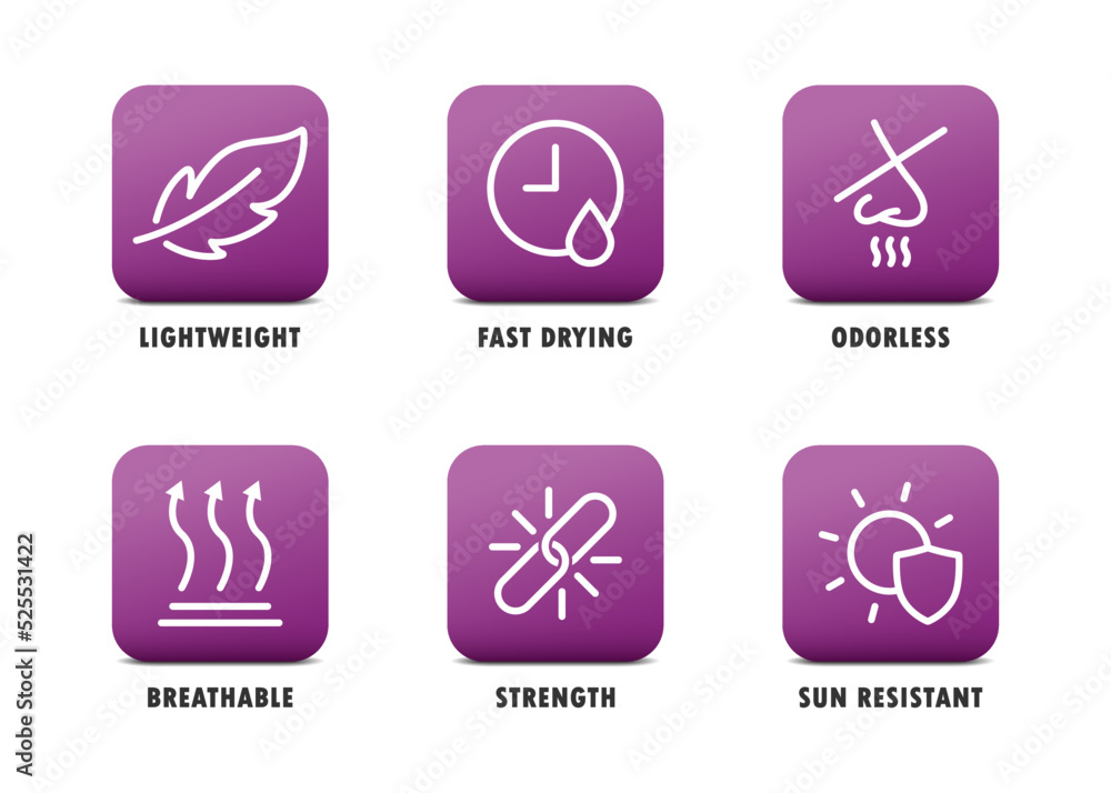 Useful icons set. Such as: lightweight, odorless, breathable, strength. Vector illustration. Useful icons set. Such as: lightweight, odorless, breathable, strength. Vector illustration.