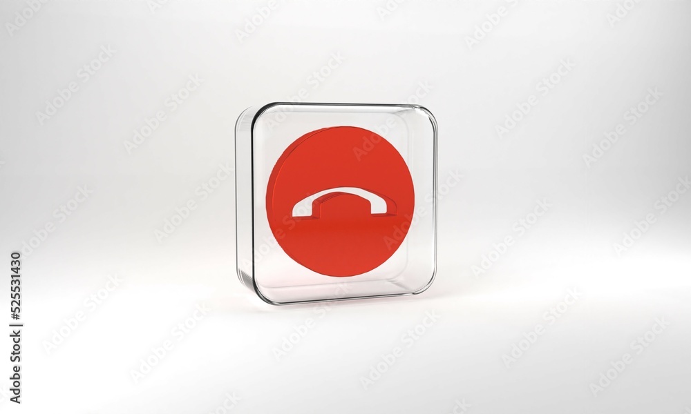 Red Telephone handset icon isolated on grey background. Phone sign. Glass square button. 3d illustration 3D render Red Telephone handset icon isolated on grey background. Phone sign. Glass square button. 3d illustration 3D render