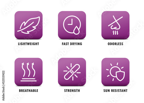 Useful icons set. Such as: lightweight, odorless, breathable, strength. Vector illustration.