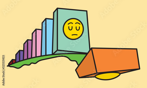 Widespread indifference : An illustration of faced dominoes falling one after another from the cliff with indifferent expressions.