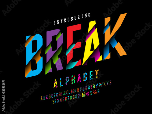 Vector of modern sliced style alphabet design with uppercase, numbers and symbols