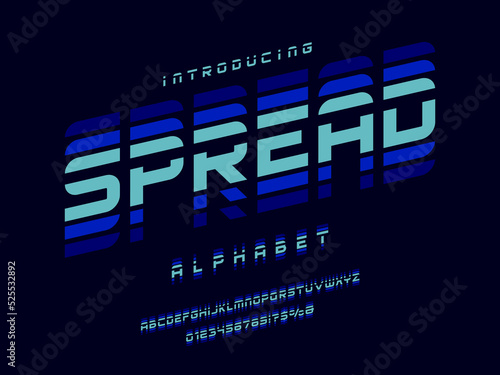 futuristic style alphabet design with uppercase, numbers and symbols