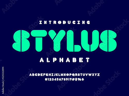 Modern stencil alphabet design with uppercase, numbers and symbols