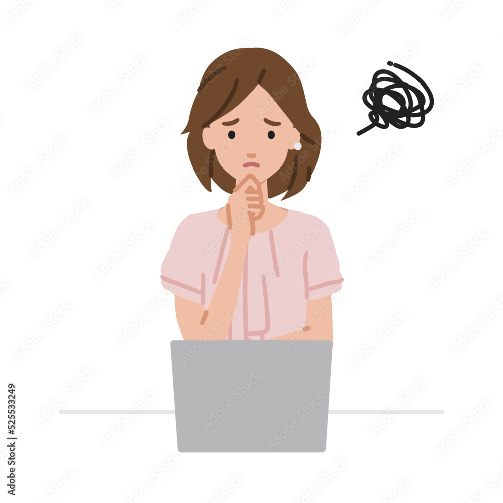 デスクで座ってPCを開いて困っているオフィスカジュアルの女性