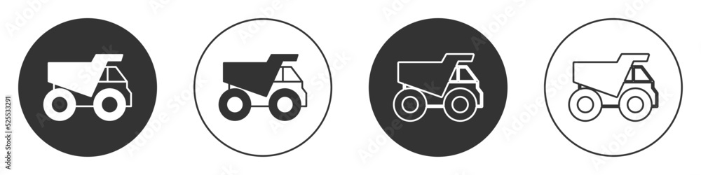 Black Mining dump truck icon isolated on white background. Circle button. Vector Black Mining dump truck icon isolated on white background. Circle button. Vector
