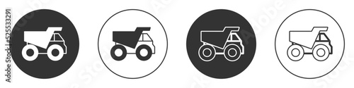 Black Mining dump truck icon isolated on white background. Circle button. Vector