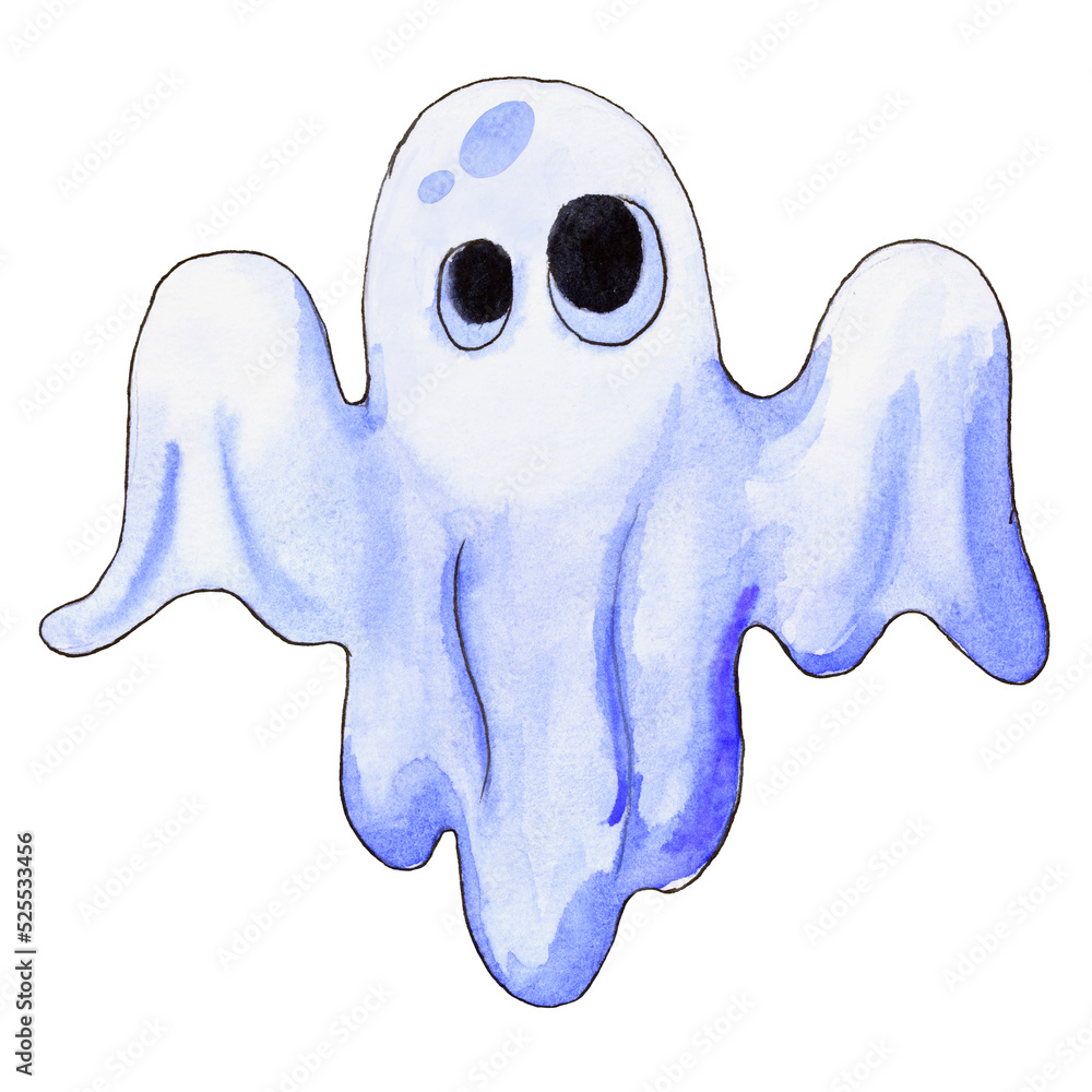 Ghost watercolor illustration. Boo hand draw halloween art with white