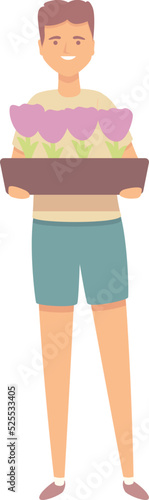 Boy give long flower pot icon cartoon vector. Garden kid. Nature plant