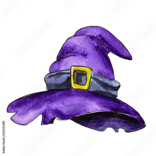 Witch hat watercolor illustration. Withch craft hand draw halloween art with white isolated background for your design, print, postcard, poster, book decoration. photo