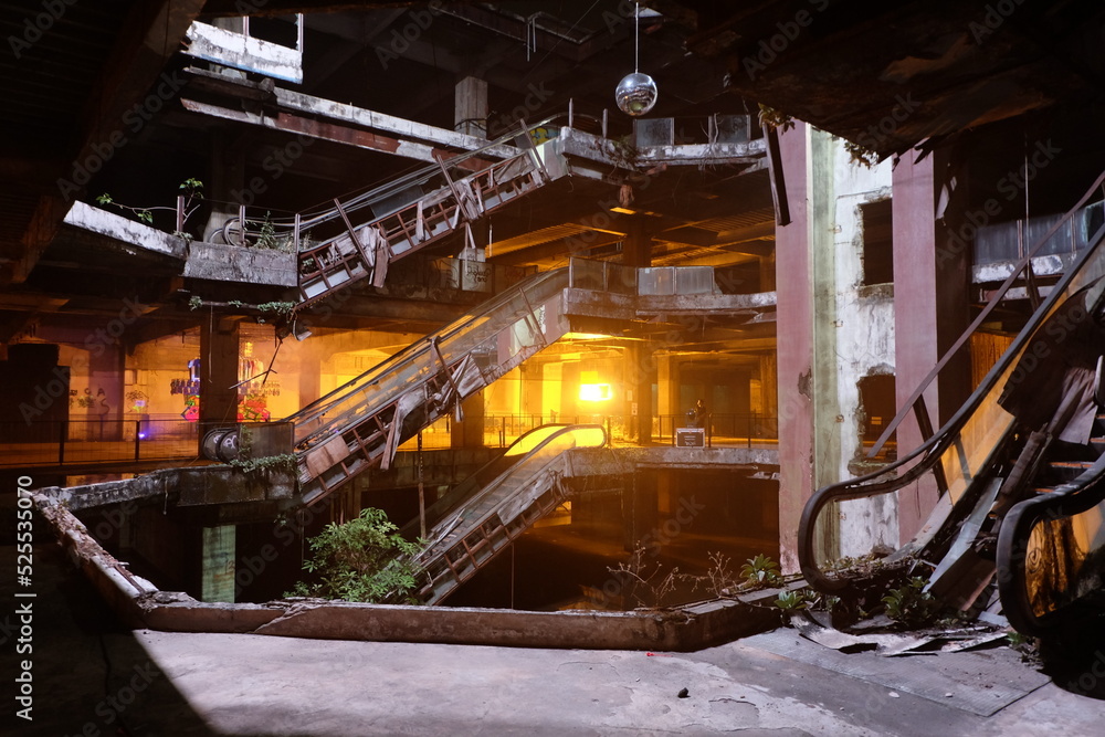 Ruins of abandoned buildings at night in Bangkok