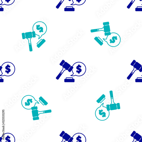 Blue Auction hammer price icon isolated seamless pattern on white background. Gavel - hammer of judge or auctioneer. Bidding process, deal done. Auction bidding. Vector