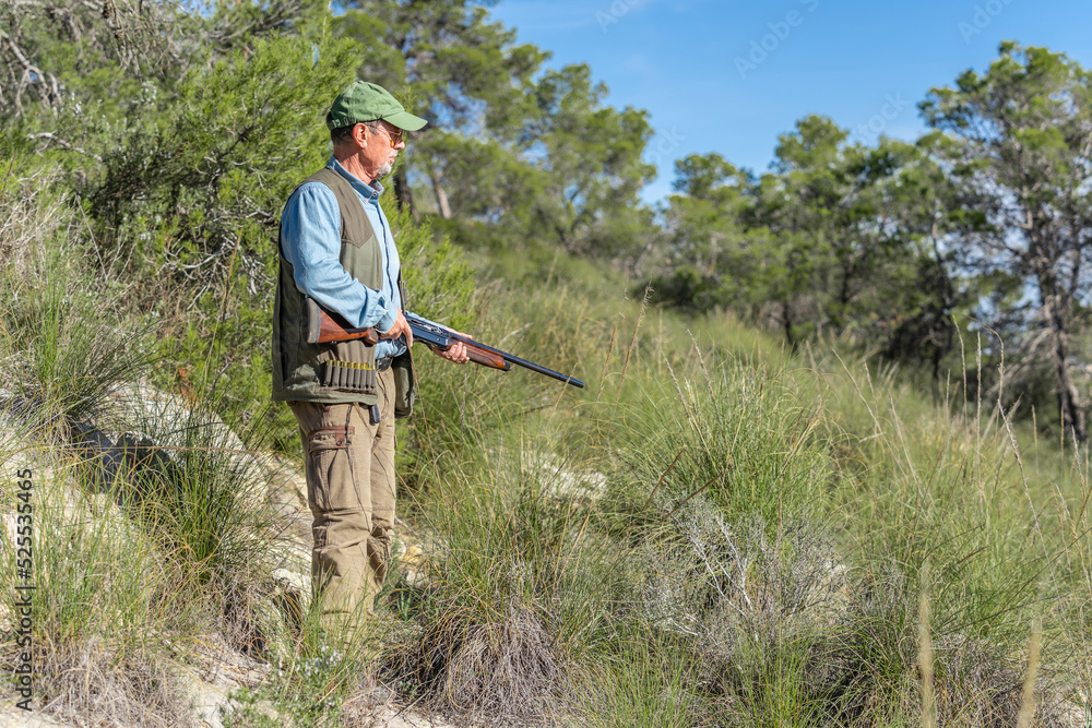 Huntsman with rifle in green field Huntsman with rifle in green field