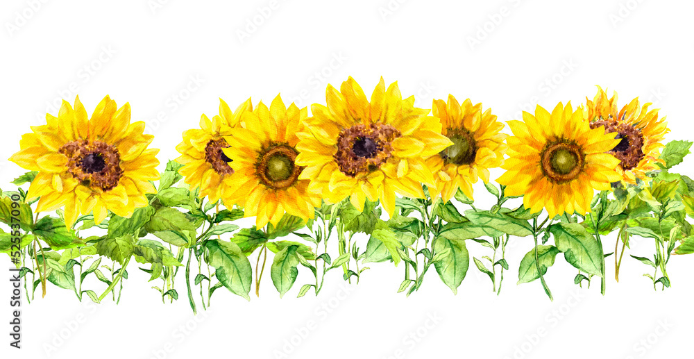 Sunflower seamless border. Yellow summer flowers repeating frame. Watercolor floral banner Sunflower seamless border. Yellow summer flowers repeating frame. Watercolor floral banner