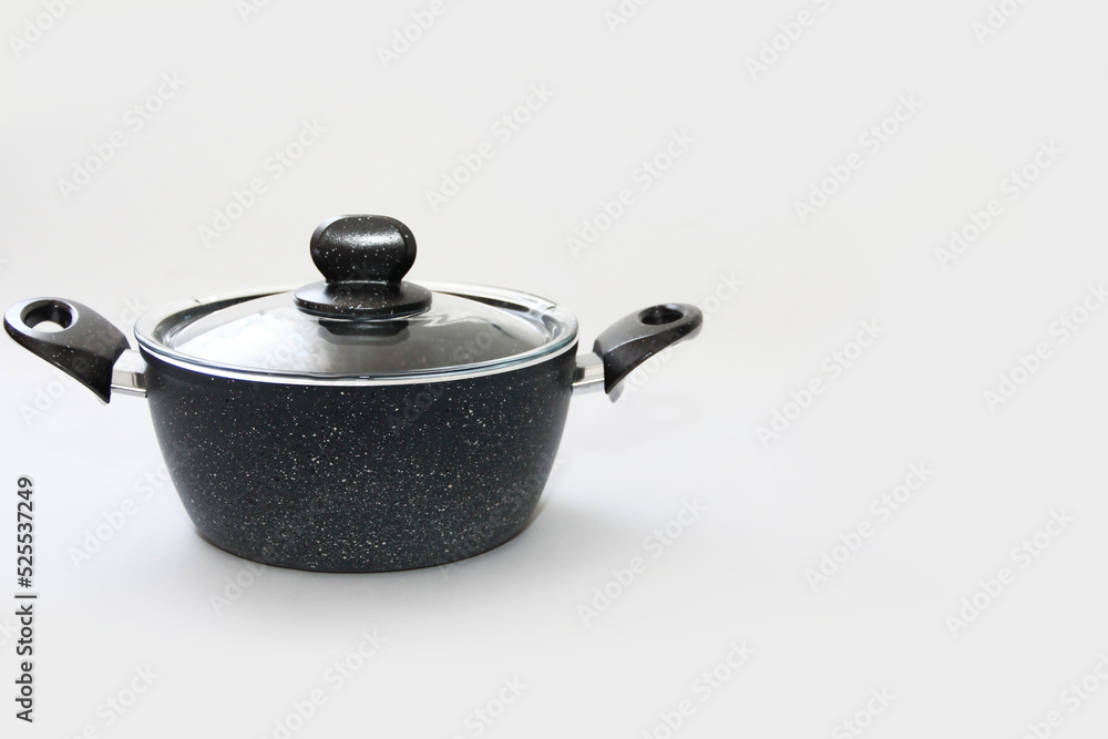 metal grey cooking pot, teflon coated, on a white background metal grey cooking pot, teflon coated, on a white background