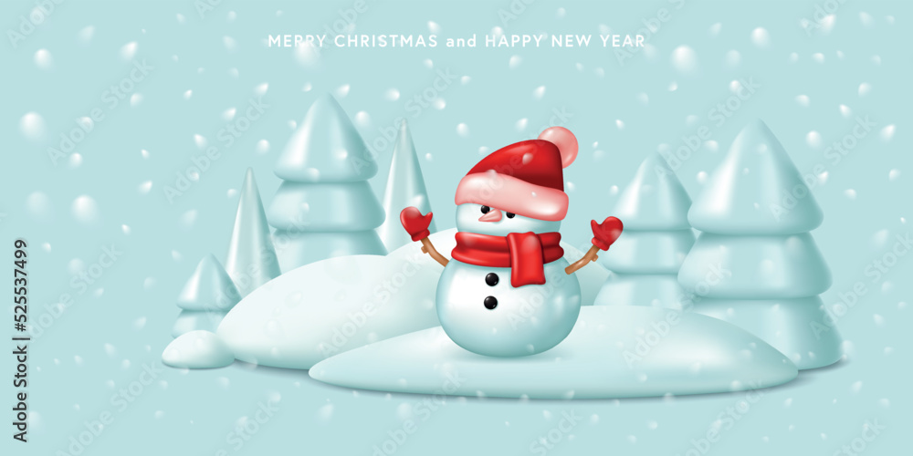 Christmas background with snowy landscape, snowman, and Christmas trees. Vector illustration in cartoon 3D style Christmas background with snowy landscape, snowman, and Christmas trees. Vector illustration in cartoon 3D style
