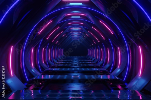 Light tunnel, dark long corridor with neon lamps. Abstract purple background with smoke and neon lights. Metal floor, symmetrical reflection and mirroring. 3D illustration.