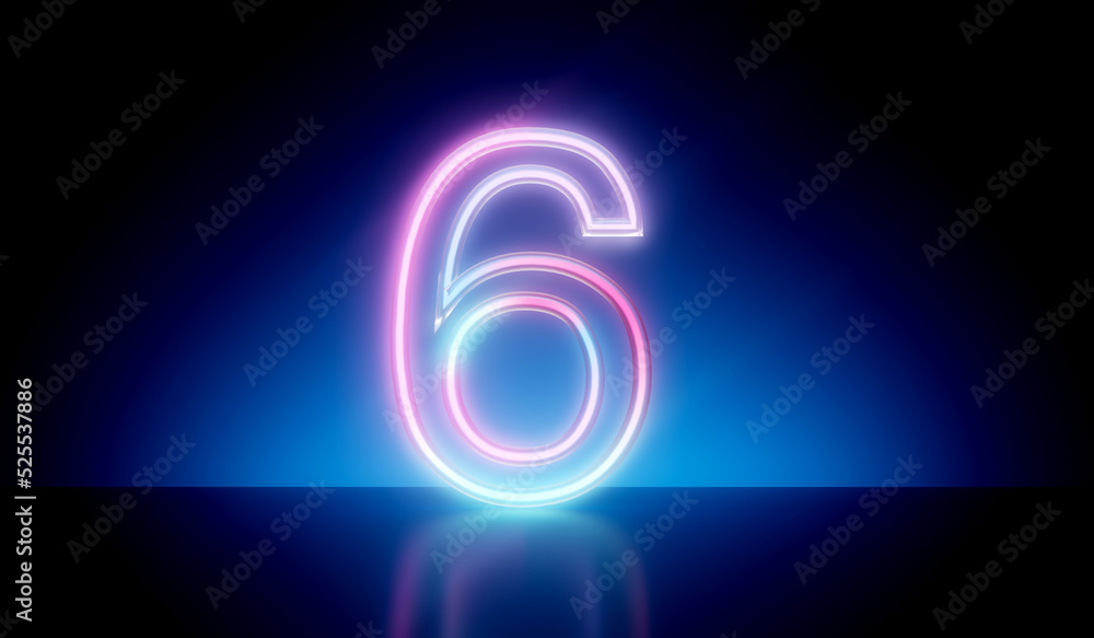 Number 6 neon glowing futuristic tube light. 3D Rendering Number 6 neon glowing futuristic tube light. 3D Rendering
