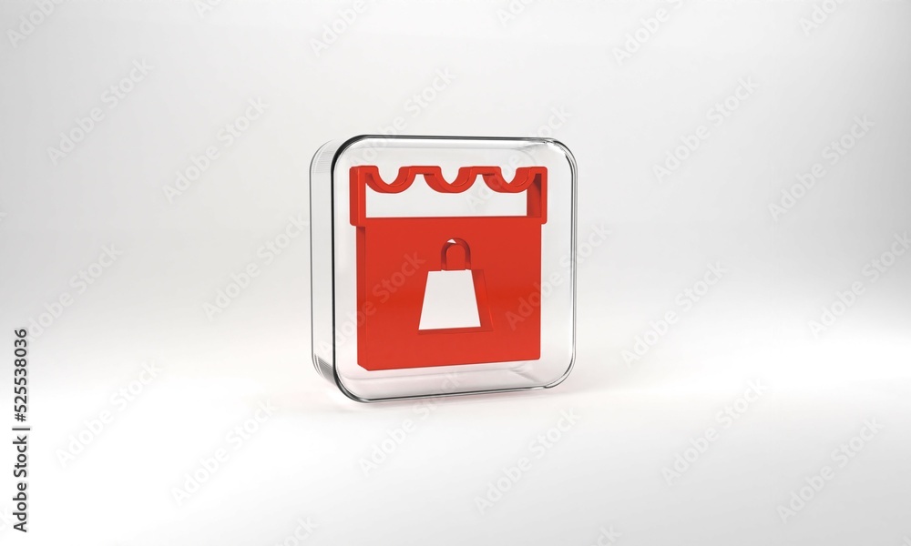 Red Shopping day icon isolated on grey background. Glass square button. 3d illustration 3D render Red Shopping day icon isolated on grey background. Glass square button. 3d illustration 3D render
