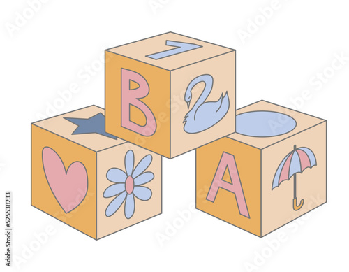 Block baby wooden Toy for building. Childish Cubes in cute pastel blue and pink colors for boy or girl. Vector illustration of kid bricks with letters