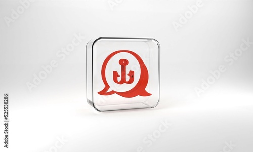 Red Fishing hook icon isolated on grey background. Fishing tackle. Glass square button. 3d illustration 3D render