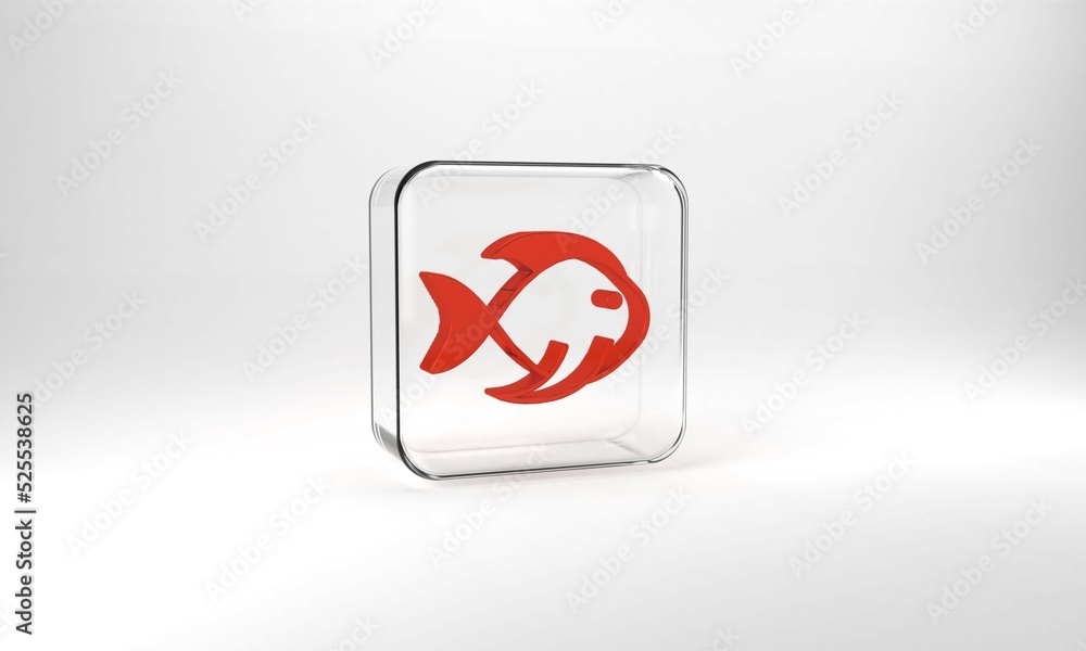 Red Fish icon isolated on grey background. Glass square button. 3d illustration 3D render Red Fish icon isolated on grey background. Glass square button. 3d illustration 3D render