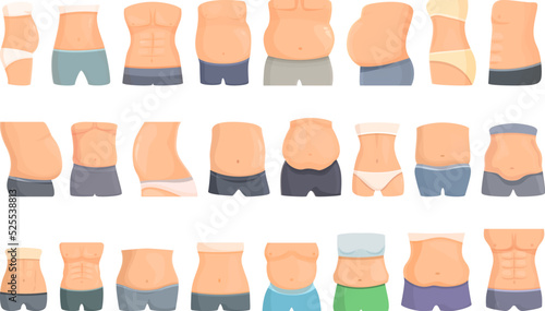 Belly icons set cartoon vector. After weight. Before fat